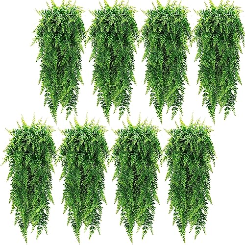 Lyrow 8 Pcs Artificial Hanging Plants 32 in Fake Plant Fake Boston Ferns Plastic Faux for Wall House Room Garden Wedding Garland Indoor Outdoor Decoration, No Basket