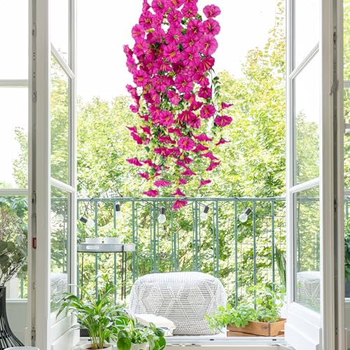 Hanging Morning Glory Artificial Flowers for Outdoors,Faux Plant,Decoration Plastic Flowers for Outside,Garden,Home Decor,Wedding Events,Patio,Porch,Yard(Fuchsia,2 Bunches/4Pcs) - color: Fuchsia, size: 2 Bunches/ 4Pcs