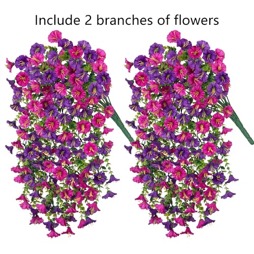 2 PCS Artificial Faux Hanging Flowers Plants for Outdoor Decor,Fake Silk Morning Glory with Eucalyptus UV Resistant Realistic Vines for Wall Home Porch Patio Balcony Yard Decor, Purple and Fuchsia - color: Purple+fuchsia