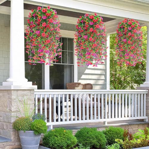 6 Pcs Spring Artificial Hanging Flowers Outdoor Faux Silk Mum Plant Decor Violet with Eucalyptus Realistic UV Resistant Trailing Vine Spring Porch Yard(Lovely Color,Violet) - color: Lovely Color, style: Violet