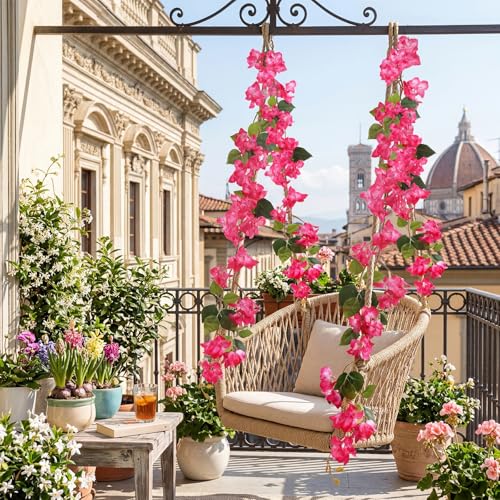 Bougainvillea Artificial Flowers Garlands, 3.94ft 2PCS Detachable UV Resistant Faux Bougainvillea Hanging Flowers Vines for Outdoor Patio Garden Decor(Hot Pink) - color: Hot Pink