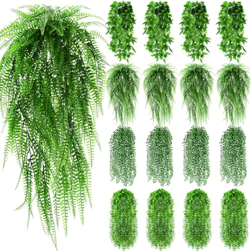 Daifunli 16 Pcs Artificial Hanging Plants Fake Hanging Ferns Plastic Faux Plants for Wall Room Garden Garland Indoor Outdoor Decor No Basket (Boston,Eucalyptus,Ivy Vine,String of Pearls) - style: Boston, Eucalyptus, Ivy Vine, String of Pearls