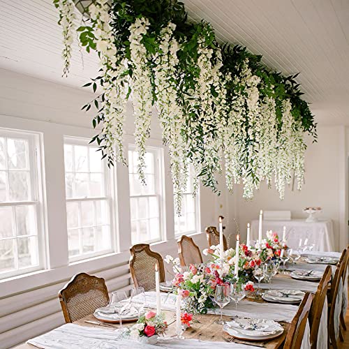 CISDUEO 2 Pcs Wisteria Hanging Flowers Wisteria Flowers Vine Garland Wedding Arch Decoration White Artificial Wisteria Vines Hanging Flower Vines Silk for Party Garden Home Table Backdrop 6 Feet - color: White