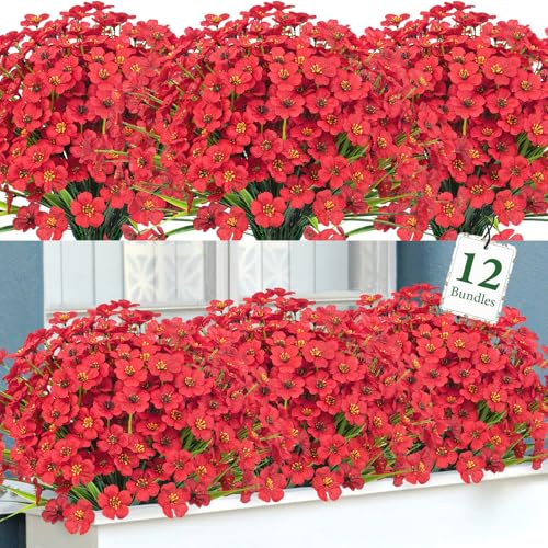 Ouddy Decor 12 Bundles Artificial Flowers for Decorations Fake Silk Plants for Outdoor Indoor UV Resistant Faux Plastic Greenery Stems for Window Box Garden Porch Home Spring Decoration, Red - color: Red, size: 12 Bundles