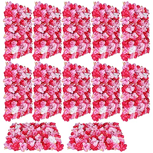 12 Pcs Artificial Flower Wall Panels 60x40cm 3D Flower Background for Wall, Wedding Flower Decorations Wall Silk Rose Panels for Photo Areas, Stage, 24 x16inch (Dahlia + Rose + Hydrangea) - color: 12 Pcs Rose Red Deep Powder