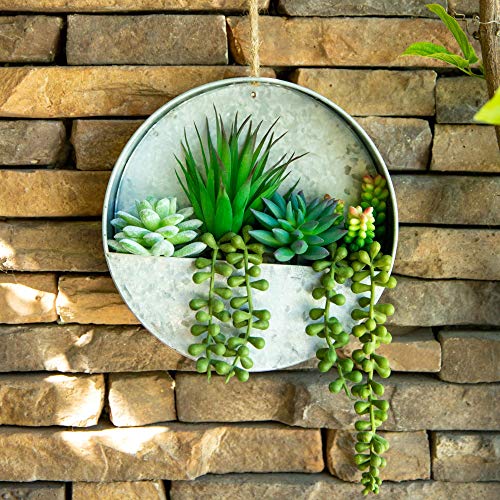 Flora Bunda Modern Artificial Succulent in 8 inch Hanging Galvanized Tin Wall Planter, Boho wall Decor, Hanging Fake Plants Cactus for Home, Office
