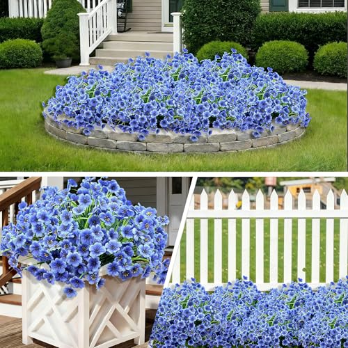 20 Bundles Artificial Flowers for Outdoors,UV Resistant Fake Flowers with Plastic Plants,Silk Faux Fowers for Outdoor Planters,Fake Realistic Flowers Window Box Front Porch Hanging Basket Decor-Blue - color: Blue