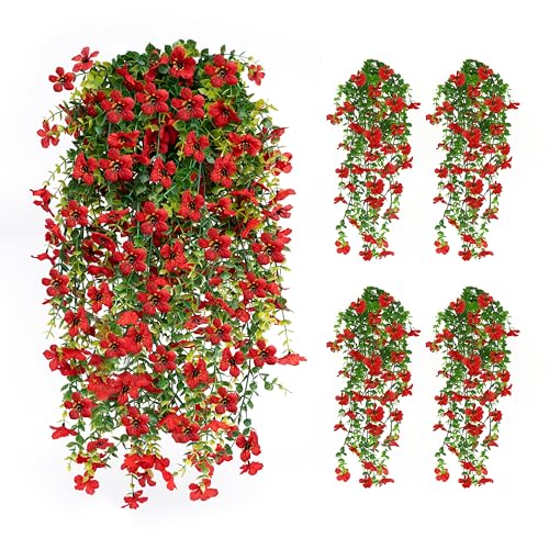 Artificial Hanging Flowers for Outdoors UV Resistant Fake Flowers Realistic Silk Faux Spring Hanging Flower for Patio Porch Garden Yard Fence Wall Decor(Red, 4 Pack) - color: 4pcs Red