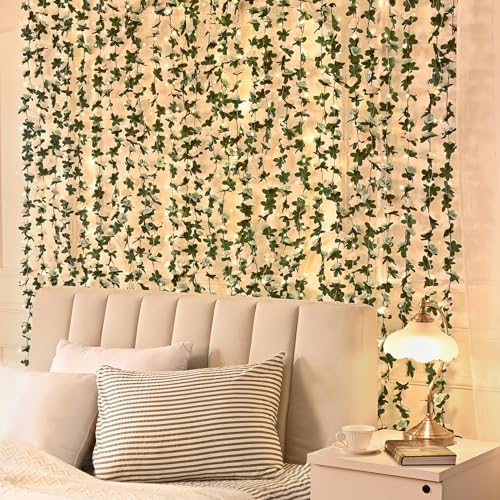 MARTINE MALL Flower Garland Rose Vines, 5 Strands 41Ft Flowers Vines for Bedroom with 33 Ft/100 LED String Lights, Rose Flower Garland Decoration, Rose Floral Garland for Room Table Wedding Decor - color: Blue and White With Lights, size: 5 Packs