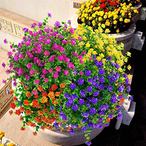 8 Bundles Outdoor Artificial Fake Flowers UV Resistant No Fade Boxwood Faux Plastic Plants for Garden Patio Porch Window Box Home Wedding Farmhouse Décor (Purple) - color: Purple