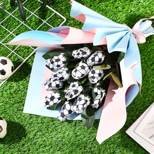 Suhine 12 Pcs Artificial Soccer Rose Flowers Sports Party Favors Bulk for Birthday Graduation Wedding Party Decorations Table Centerpieces Mom Fans Team Coach Senior Night Gift (Soccer Color, Normal) - color: Soccer Color, size: Normal