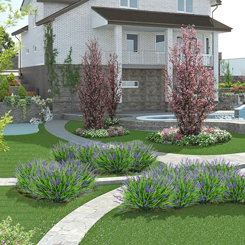 Bassion Artificial Flowers for Outdoors, 24 Bundles Fake Lavender Flowers UV Resistant Violet Plastic Plants Faux Monkey Grass for Home Porch Garden Window Box Indoor Outdoor Decorations - color: Violet