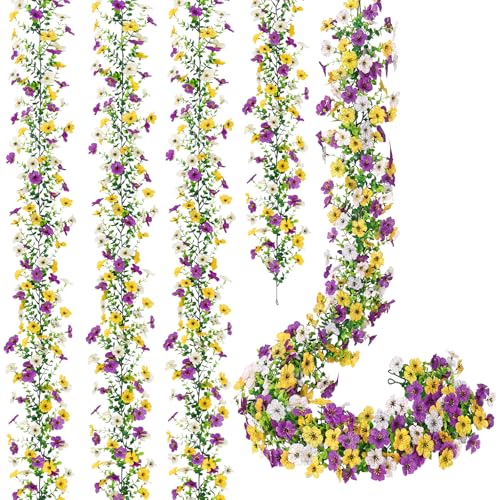 4 Pack Artificial Flowers Garland Ivy,Spring Decor UV Resistant Fake Daisy Vines Floral Vine Silk Hanging Garland for Home Garden Wedding Photo Backdrop Decor (White Yellow Purple, 4PCS) - color: White Yellow Purple, size: 4PCS