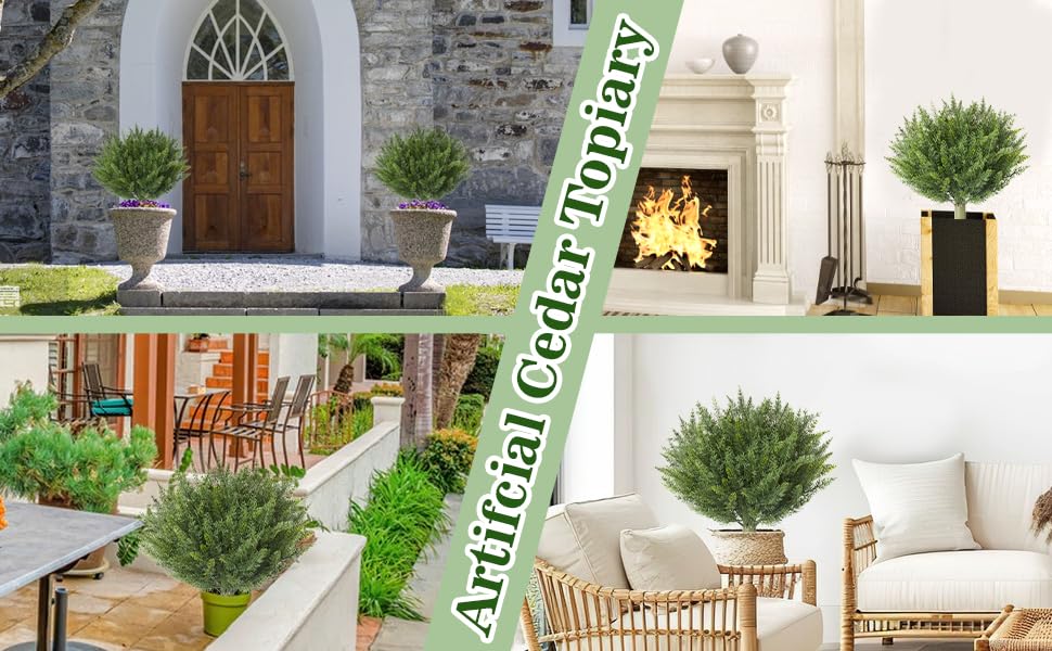 15.7" Christmas Fake Shrubs, Artificial Cedar Ball Tree Plant, 2 Packs of Fake Cedar Outdoor shrubs with Ground Spike, UV Resistant Fake shrubs, Used for Indoor and Outdoor Front Porch Gardens - size: Cypress15.7