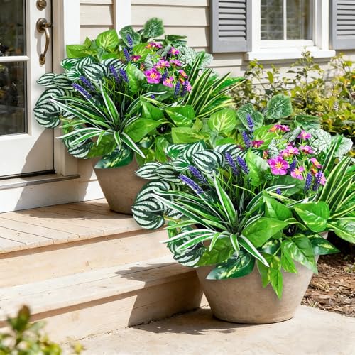 24 Pcs Artificial Plants for Outdoors Faux Greenery Leaves UV Resistant Realistic Plastic Large Bunches Shrubs Bushes with Flowers, Fake Plants Decor Outdoor for Front Porch Door Patio Garden Yard - color: Green Plants With Flowers, size: 24 Pcs
