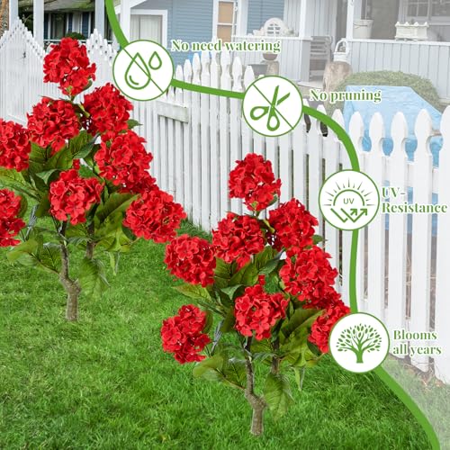 Daifunli 2 Pack 36″ Artificial Hydrangea Trees Real to Touch Faux Hydrangea Bushes Plants with Stakes for Wedding Spring Home Office Living Room Housewarming Gift(Red) - color: Red