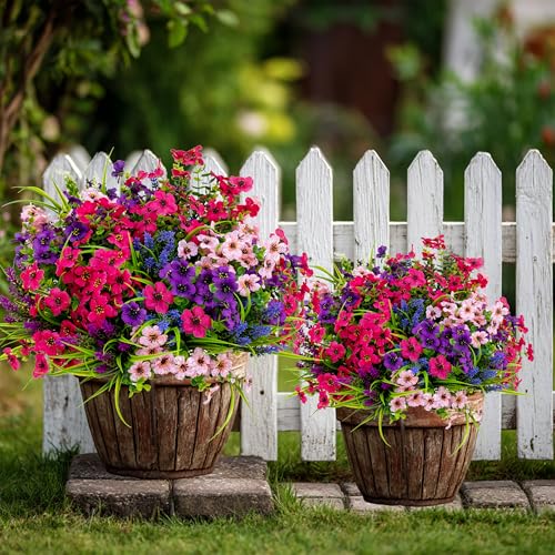 AXYLEX Artificial Flowers for Outdoors, 16 Bundles Fake Plants (Mixed) | UV resistant faux plastic flowers, no fade artificial greenery – garden, patio, porch & home - color: Mix White Purple Pink Lavander