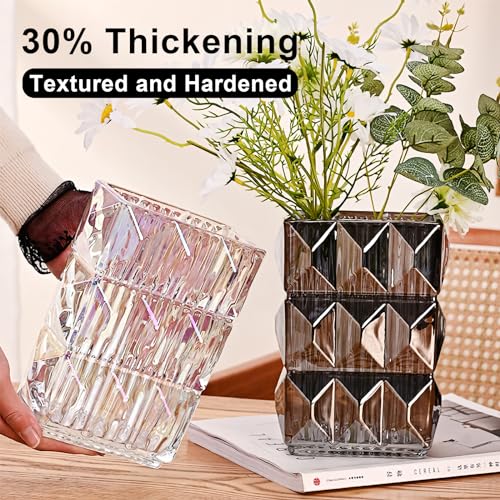 Gray Crystal Flower Vase Heavyweight Smoked Glass Centerpiece Modern Dark Vases for Living Room Industrial Home Decor Spotless Finish 5.1x3.11x7.88 in 1 Pc - color: Clear Gray