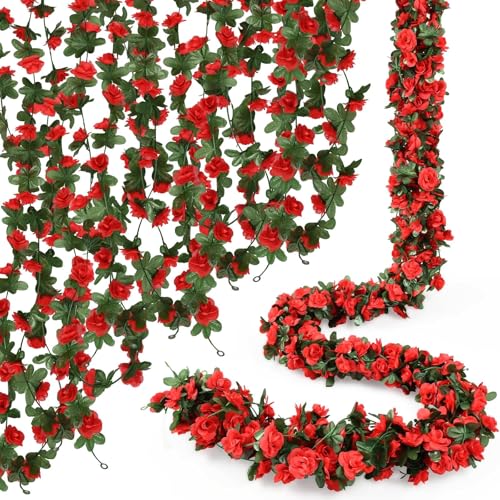 Sherika 9 Pcs 72FT Artificial Flower Garland, Fake Red Roses Vines Hanging Silk Flowers Faux Floral Garland for Wedding Arch Room Wall Backdrop Bedroom Centerpieces Mothers Day Decorations - color: Red