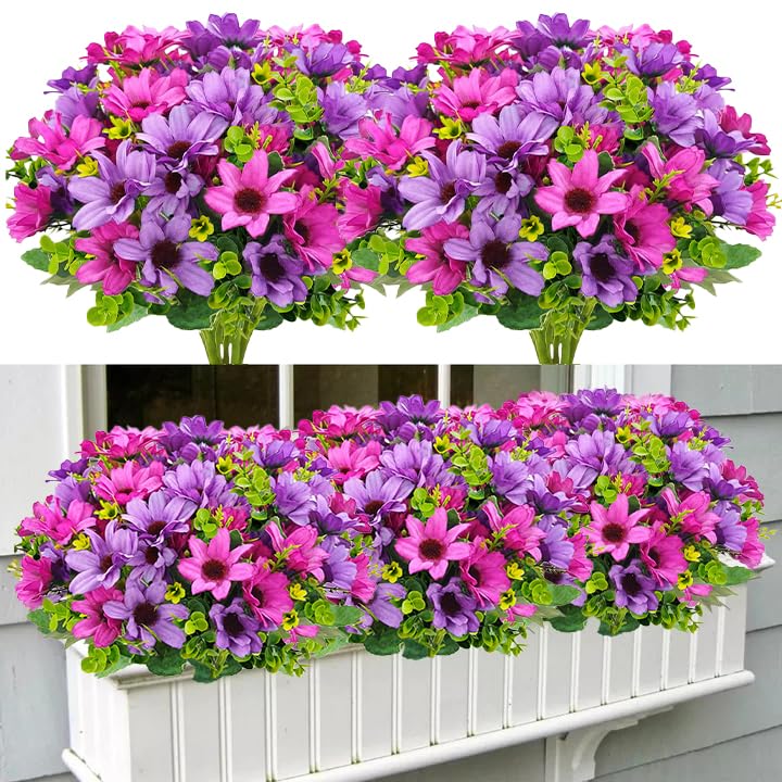 8 Bundles Fake Silk Daisy Outdoor Artificial Flowers UV Resistant Faux Plants Bright Colors for Front Porch Planter Balcony Patio Garden Home Indoor Decoration (Purple) - color: Purple