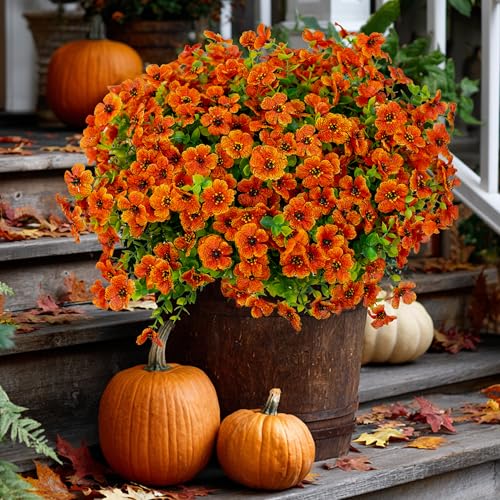 AXYLEX Artificial Fall Flowers Outdoor Fake Mums - 16 Bundles Fake Plants UV Resistant No Fade Faux Plastic Greenery Garden Porch Patio Fall Home Decor (Red Orange16) - color: Red Orange16