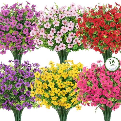 Roberly Artificial Flowers for Outdoors, UV Resistant Silk Fake Daisy Flowers with Eucalyptus Greenery Stems Faux Plastic Plants for Spring Summer Patio Garden Home Decor, 18 Bundles, Mixed Color - color: Multi Color