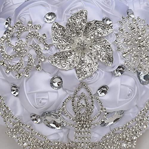 Big Size (8.26") Handmade Rhinestones White Bridal Wedding Bouquet Diamond Bridesmaids Satin Rose Flower with Ribbon for Wedding Time of Marriage (White) - color: White