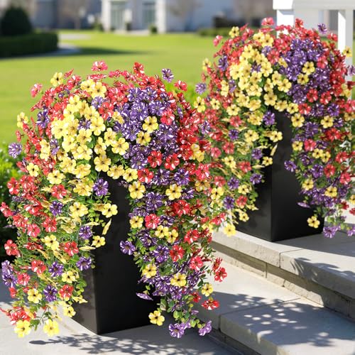 GLIDLION 4 PCS Artificial Morning Glory & Eucalyptus for Outside, Realistic Sun Resistant Fake Silk Hang Flower Faux Eucalyptus Leave for Patio Farmhouse Garden Porches Balcony Decor (Mixed Color) - color: Mixed Color