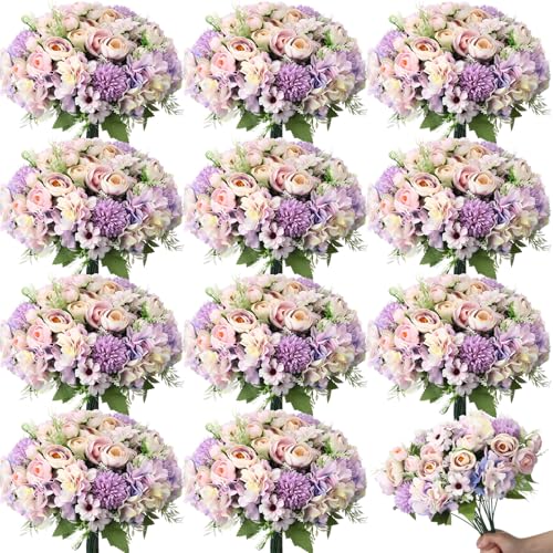 Tigeen Peonies Artificial Flowers Faux Roses Silk Flowers Hydrangea Artificial Bouquet for Wedding Table Centerpiece Floral Vase Home Office Bridal Decor(Purple,12 Bundles) - color: Purple