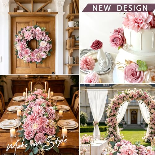 Dusty Pink Roses Gold Flowers Combo Box for Centerpieces Blush Pink Faux Flowers Bulks DIY Wedding Bouquets Cake Decor Boho Silk Artificial Floral Individually Stems Baby Shower Party Arrangements - color: Dusty Rose Gold