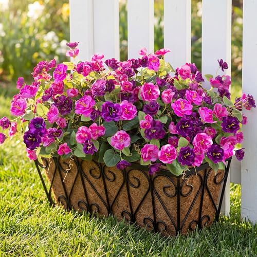 Artificial Flowers for Outdoors, 6 Bundles Silk Fake Hibiscus Flowers for Spring Summer Decoration, UV Resistant Fake Plants Plastic Bouquet for Home Planter Porch Patio Yard Decor(Light Purple Red) - color: A-light Purple Red