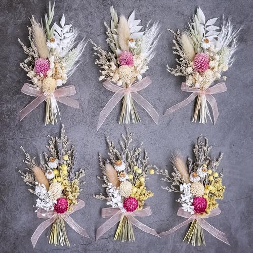 xin's convey Mini Dried Flower Bouquet Set of 6, Pink Mini Bouquet, Party Plate Decoration, Bridesmaid Flower Girl Proposal Box, Birthday Cake Table Arrangement, Wall Decoration - color: Pink