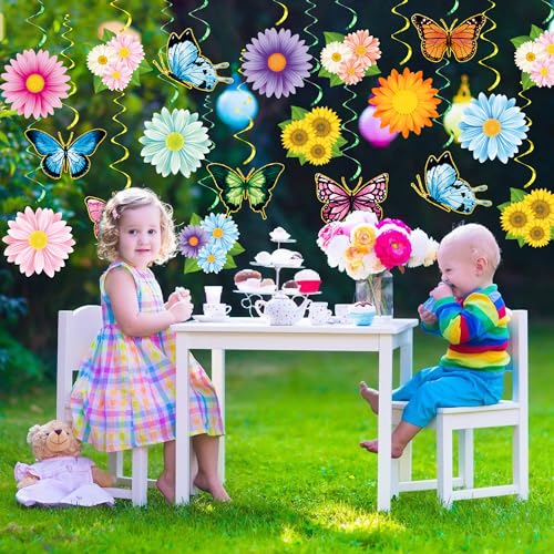 64 Pcs Flower Hanging Swirl Decorations Spring Flower Butterfly Hanging Swirl Ceiling Wall Decor Colorful Flowers Butterfly Cutouts for Spring Summer Baby Shower Wedding Birthday Party Decorations