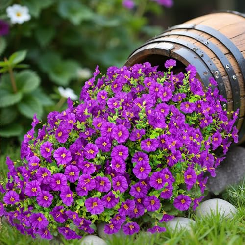 Ouddy Decor 24 Bundles Artificial Flowers for Outdoors Decoration Fake Silk Morning Glory Flowers Faux Eucalyptus Plants UV Resistant for Porch Patio Garden Spring Summer Home Decor, Purple - color: Purple