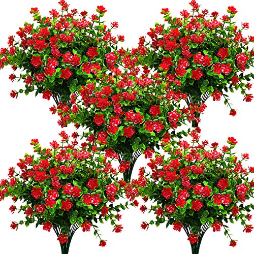 Grunyia 10 Bundles Artificial Fake Flowers, Faux Outdoor Plastic Plants UV Resistant Shrubs Outside Indoor Decorations (Red-Eucalyptus) - color: Red-eucalyptus