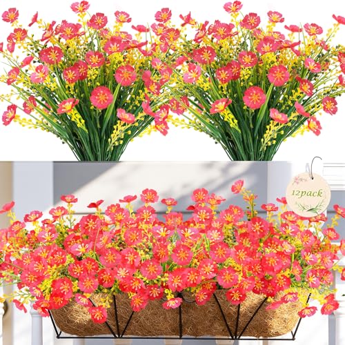 MACTING Artificial Flowers for Outdoors 12 Bundles UV Resistant Fake Flowers No Fade Faux Outdoor Plants for Indoor Outside Planters Garden Porch Yard Window Home Summer Decorations(Rose Red) - color: Rose, size: 12PCS