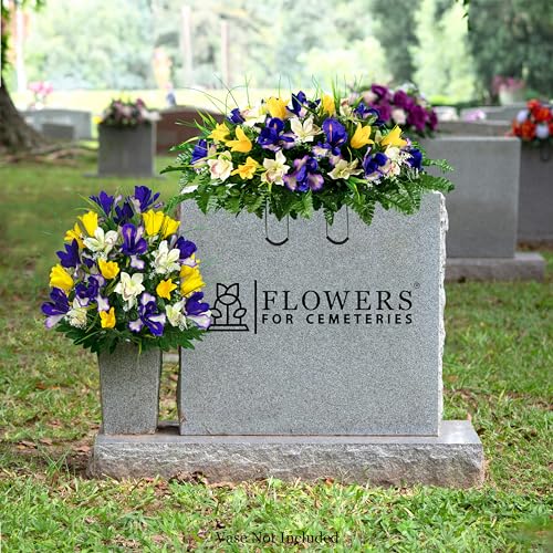 Sympathy Silks Artificial Cemetery Flowers - Grave Decoration - Yellow Tulips and Purple Iris (1) Headstone Saddle (1) Bouquet - color: Yellow/Purple, size: (1) Saddle (1) Bouquet