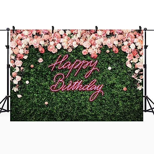 Riyidecor Green Leaves Happy Birthday Backdrop Polyester Fabric Neon Pink Floral Rose Flower Blossom Botanical Plant Nature 8Wx6H Feet Girls Women Photography Background Birthday Photo Studio Shoot - color: A-Birthday （Green Rose）, size: 8Wx6H