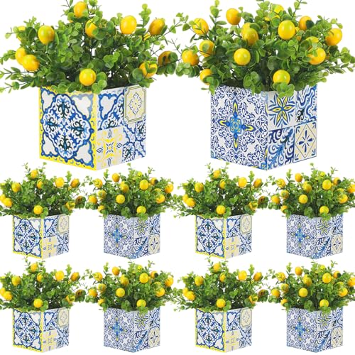 Giegxin Blue Tiles Lemon Table Centerpiece Decor Amalfi Coast Box Decorations with Artificial Lemon Branches for Capri Mediterranean Positano Wedding Birthday Party Decor(4 Sets)