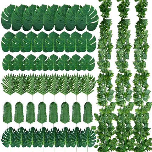 XunYee 60 Pcs Total 82.5 ft Jungle Theme Party Decoration, Tropical and Monstera Palm Leaves, 2026 Artificial Ivy Rattan Vines, Fake Greenery Faux Leaves for Baby Shower Safari Party Decoration Set - style: Ivy Vines