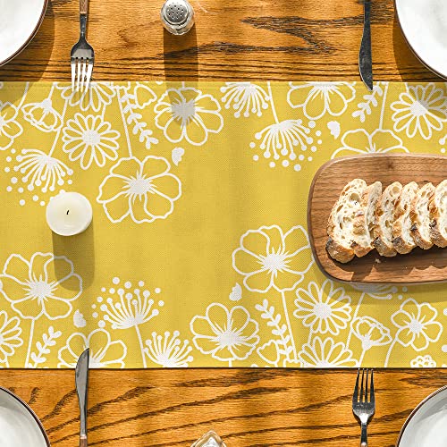 Artoid Mode Yellow Bloom Flowers Butterfly Spring Table Runner, Seasonal Holiday Kitchen Dining Table Decoration for Home Party Indoor 13x72 Inch - color: Yellow, size: 13" x 72", Table Runner