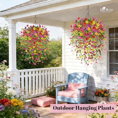 Der Rose 2Pcs Artificial Hanging Flower Basket for Outdoors Fake Hanging Flowers Plants with 4 Faux Silk Trailing Vines for Porch Patio Balcony Spring Decor - color: Multi-color-d