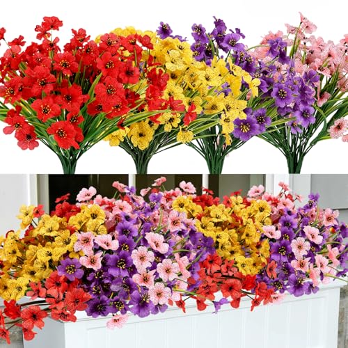 Geegoods Artificial Mums Flowers for Outdoors, 16 Bundles UV Resistant Fake Plastic Colorful Mix Flowers for Patio Porch Spring Summer Decor - color: Mix 4 Colors, size: 16PCS