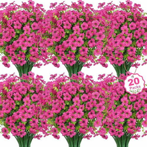 20 Bundles Artificial Flowers for Outdoors Decoration Fake Silk Flowers UV Resistant Faux Plants Artificial Daisy Eucalyptus for Spring Summer Garden Yard Porch Window Home Decor, Fuchsia - color: Fuchsia