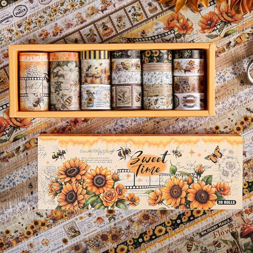 Washi Tape Set 20 Rolls - Vintage Bee Floral Butterfly Botanical Washi Tape Kit, Cute Retro Decorative Tapes for Scrapbooking Supplies,Junk Journal, Bullet Journaling, DIY Art Crafts, Gift Wrapping - style: Sweet Time