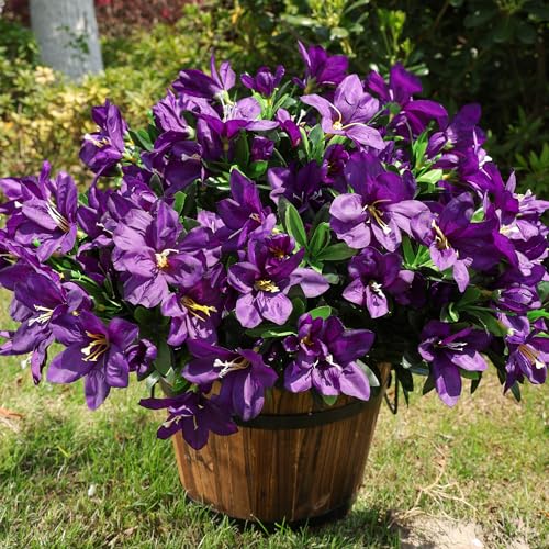 INSPRING Artificial Faux Plants Flowers for Outdoors Spring Decor,3 Bundles Realistic Outside Fake Silk Azalea UV Resistant Outdoor Artificial Flowers for Planter Porch Patio Garden Home, Dark Purple - color: Dark Purple