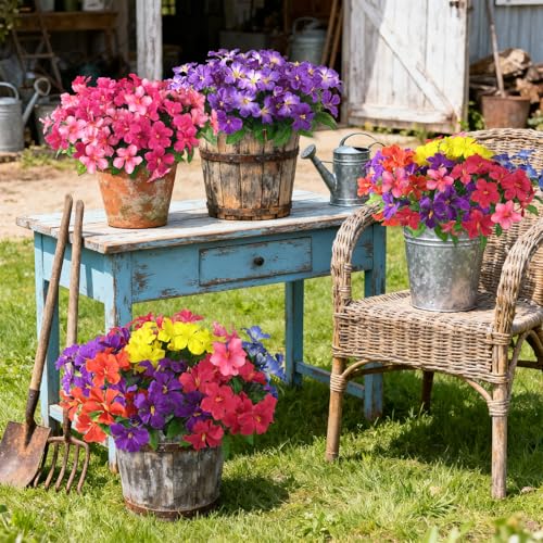 Homsunny Artificial Flowers for Outdoor, Fake Silk Flowers UV Resistant, Realistic Faux Plants Flowers for Front Door Porch Planter Patio Yard Garden Spring Decor - color: Red+red+yellow+purple+pink+blue