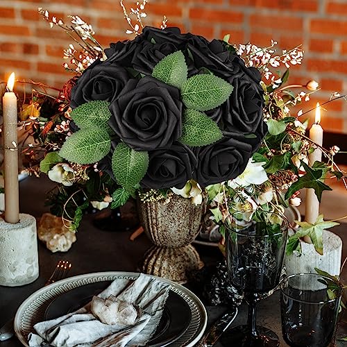 AmyHomie Artificial Flowers Black Rose 25pcs Real Looking Fake Roses w/Stem for DIY Wedding Bouquets Centerpieces Arrangements Party Baby Shower Valentines Day Christmas Tree Decorations - color: Black