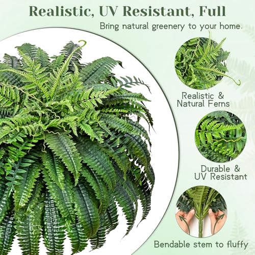 2 Pcs 48 Inch Fake Ferns, Look Real 101 Leaves Artificial Boston Ferns for Outdoors Large, Lush UV Resistant Faux Ferns for Outdoor Planter Large, Outdoor Faux Plants for Porch Patio Home Decor