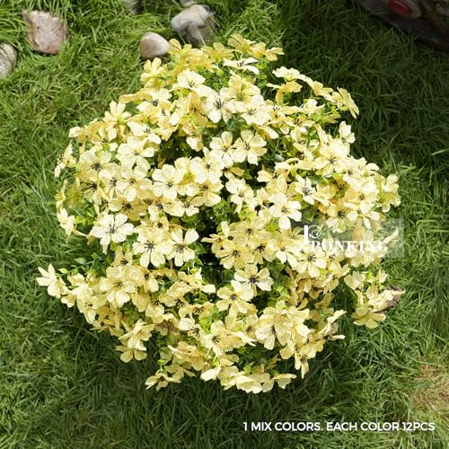 PONKING Artificial Flowers for Outdoors Patio Decoration 12 Bundles Fake Flower Cherry Blossom UV Resistant Faux Plants Yard Garden Porch Home Boxwood Planter Patio Decor, Yellow Flower - color: D Yellow Cherry Blossom 12pcs